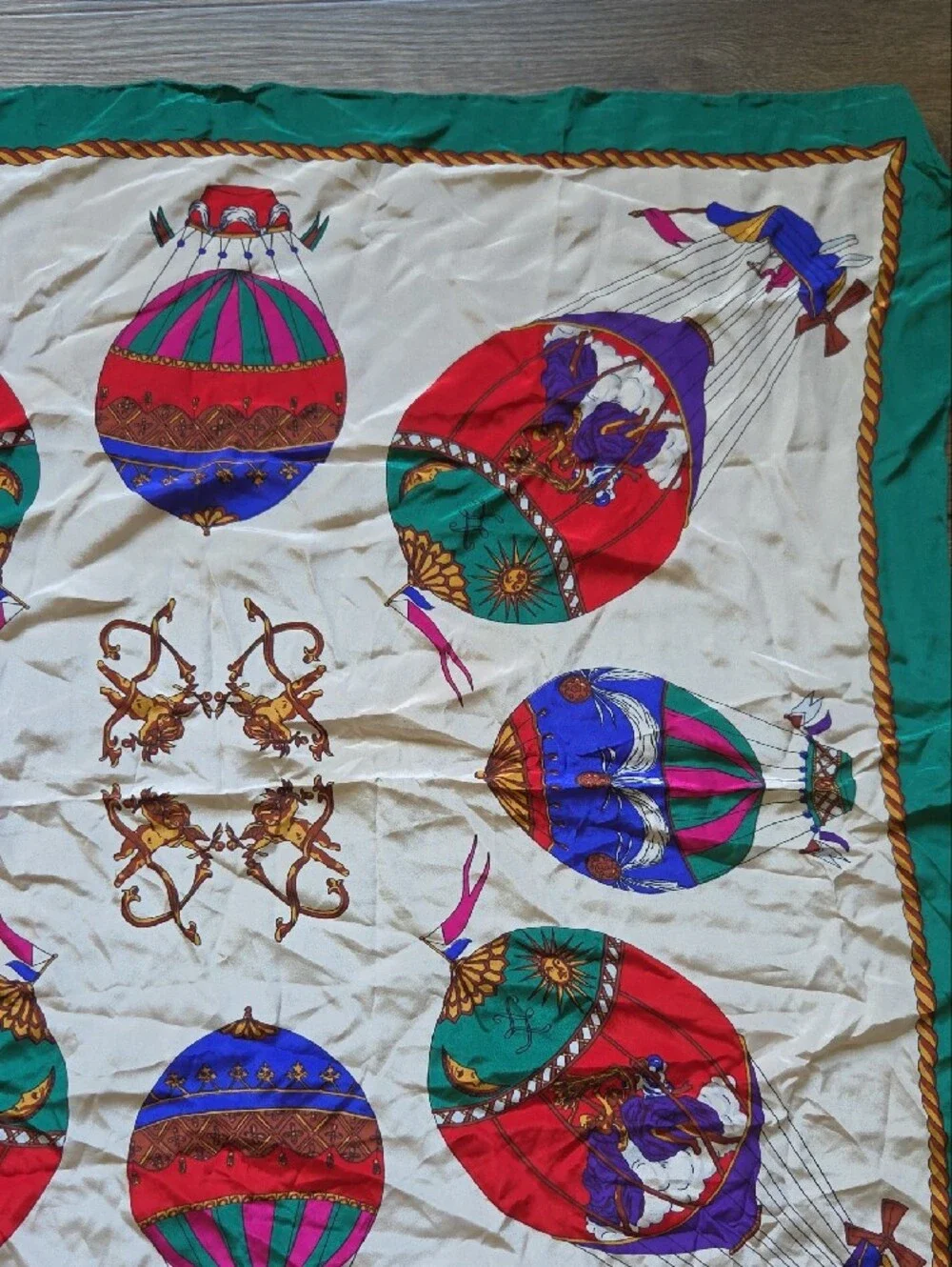 Green And White Celestial Hot Air Balloon Decorative Scarf 100% Silk